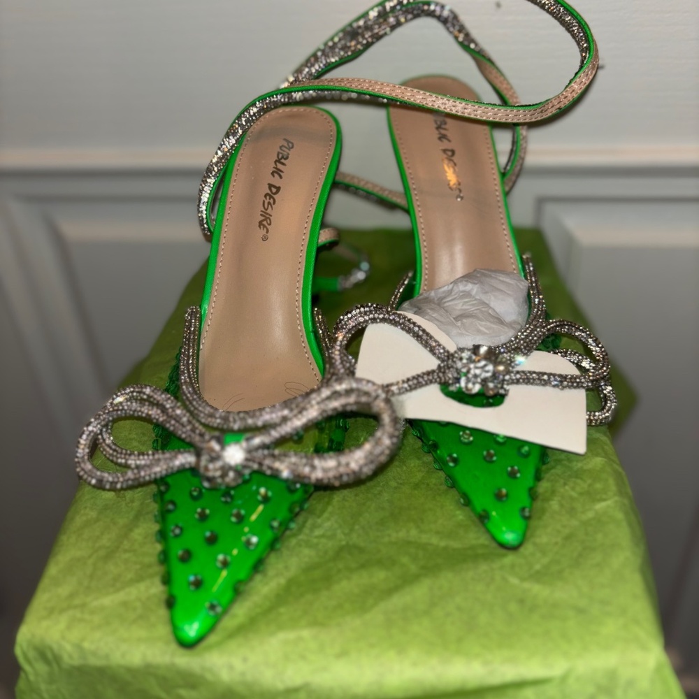 NEW Public Desire Azealia Neon Green Crystal Diamanté 7.5 Wrap Around Bow Heels - Picture 8 of 14